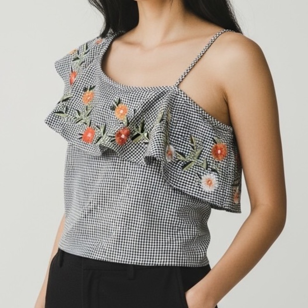 Gingham One Shoulder Top Embroidered Floral Ruffle Black White Summer‎ Large